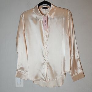 NWT Micas Champagne Beige Satin Long Sleeve Button Down Shirt Size Medium
